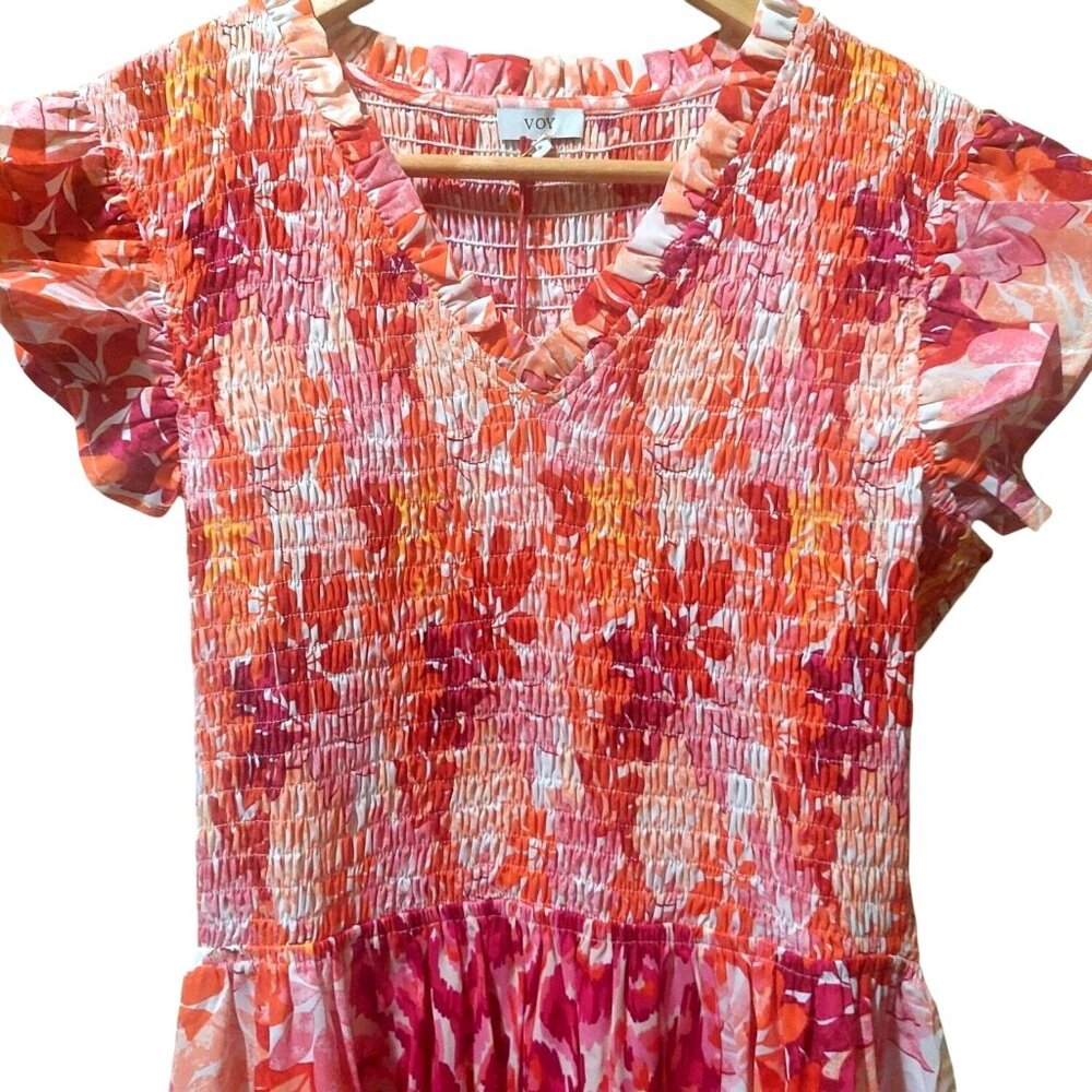 NWT Voy Pink/Orange Floral Smocked Midi Dress With Ruffled Sleeves~SMALL - Picture 3 of 9